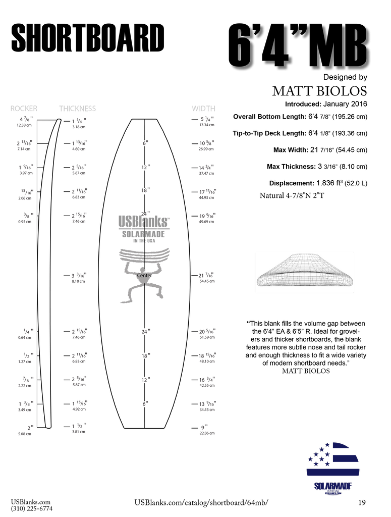 6'4"MB US Blanks - Shortboard Blank - Fiberglass Source