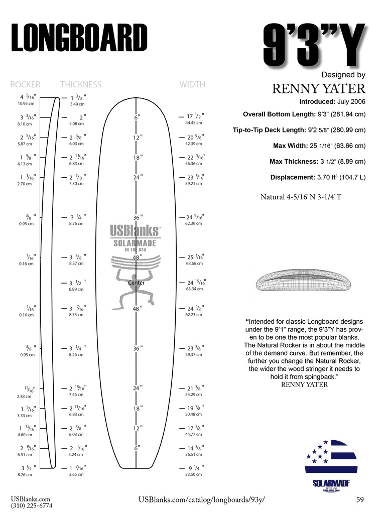9'3"Y US Blanks - Longboard Blank - Fiberglass Source