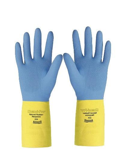 Blue and yellow chemical gloves pair